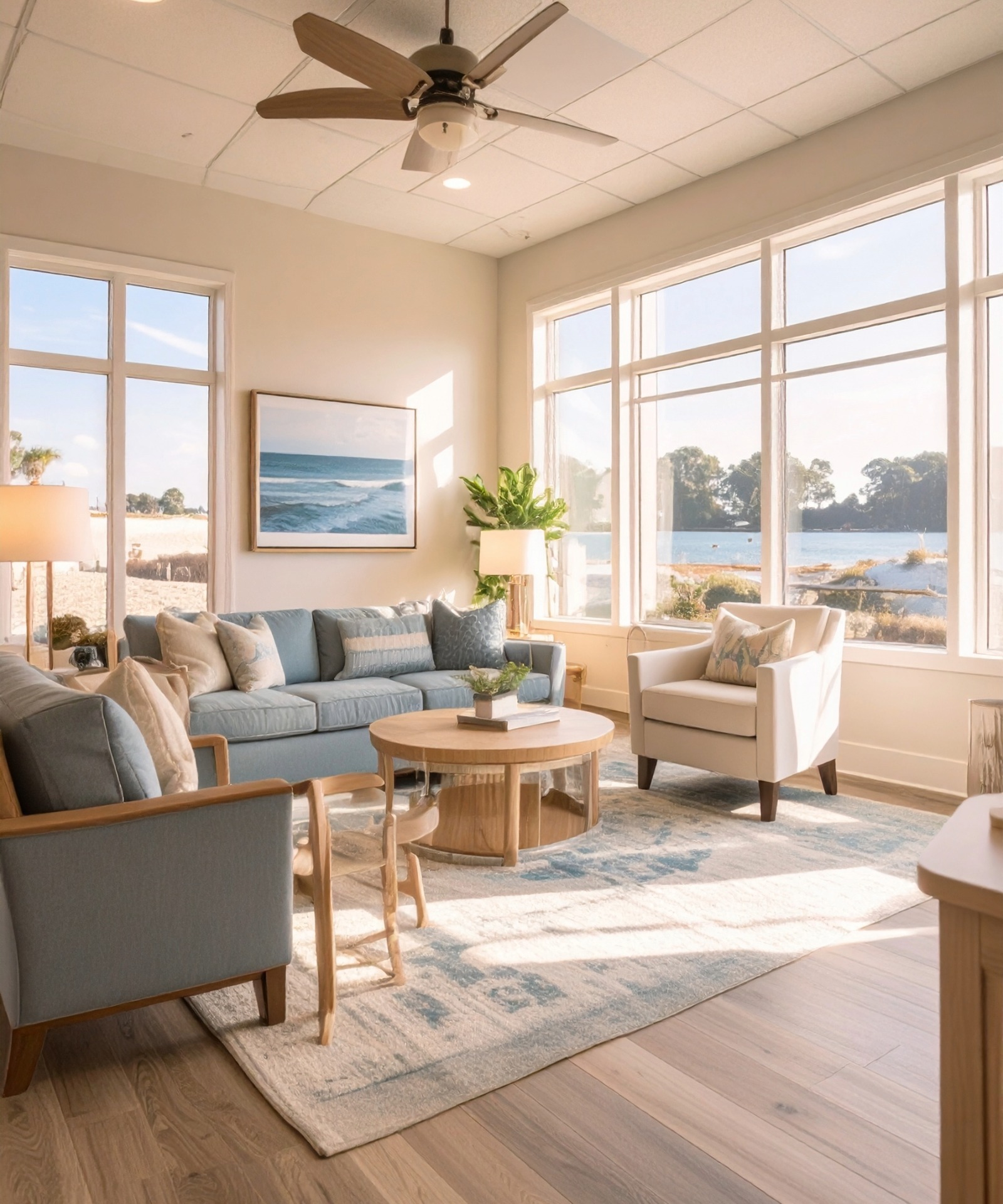 Airy coastal-inspired consultation office with warm natural light.