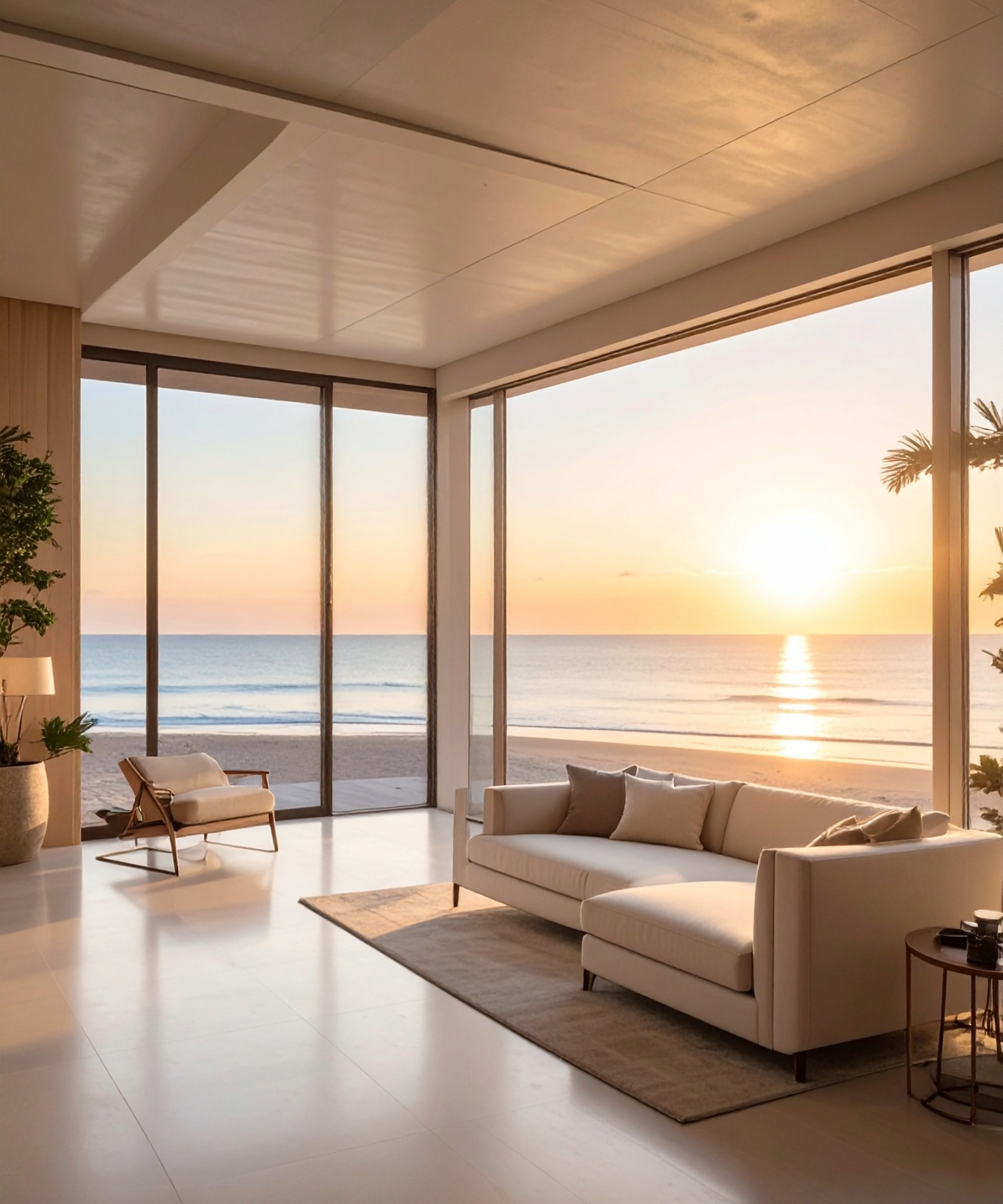 A quiet consultation-space scene that feels soft, premium, and grounded with a coastal sunrise visible through the window.