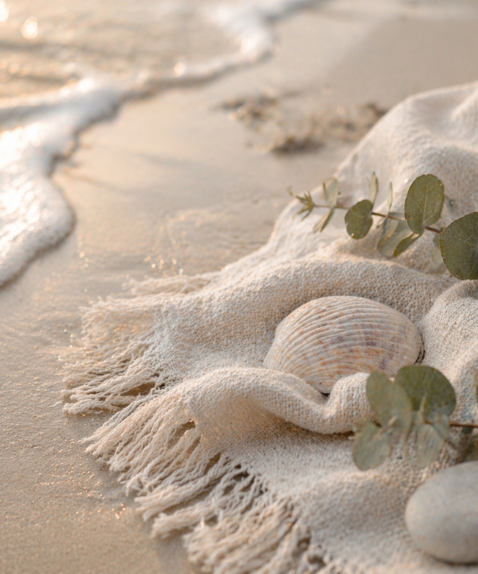 Calm coastal shoreline scene in soft blue and sand tones.